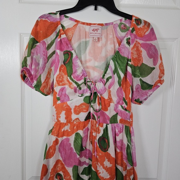 BANJANAN Euphoric Bloom Vivid Floral Flowy Cotton Dress Blouson Sleeve Small - Picture 3 of 11